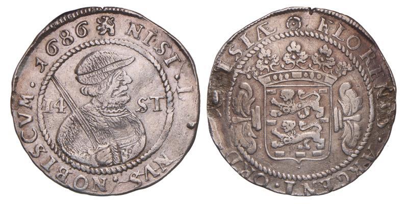 Halve florijn van 14 stuiver Friesland 1686. Zeer Fraai / Prachtig (lichte montage).