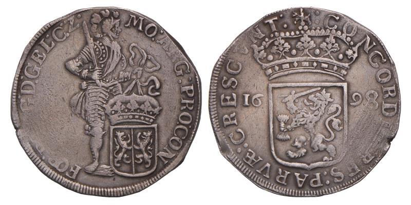 Zilveren dukaat Gelderland 1698. Zeer Fraai +.