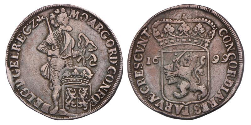 Zilveren dukaat Gelderland 1699. Zeer Fraai.