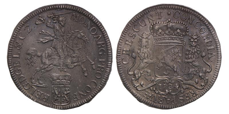 Zilveren dukaat Gelderland 1734. Zeer Fraai +.