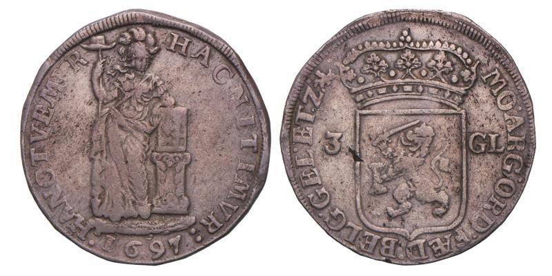 3 gulden Gelderland 1697. Fraai / Zeer Fraai.