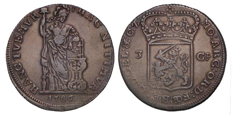 3 gulden Gelderland 1786. Zeer Fraai +.