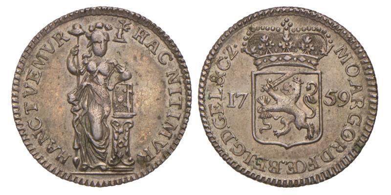 Muntmeesterpenning Gelderland 1759. Zeer Fraai.