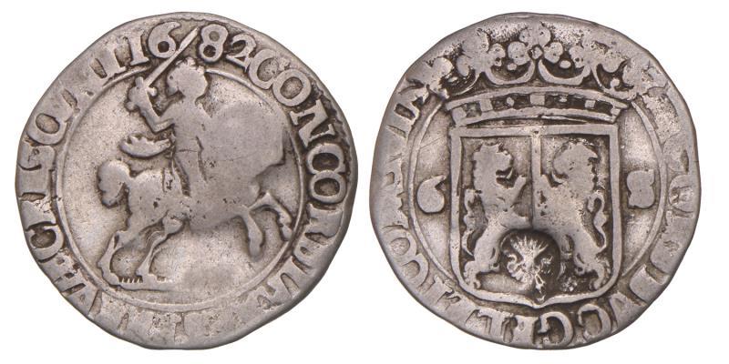 Rijderschelling van 6 stuiver Gelderland 1682. Fraai.