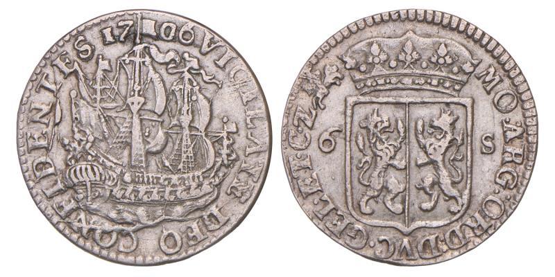 Scheepjesschelling van 6 stuiver Gelderland 1706. Zeer Fraai / Prachtig.