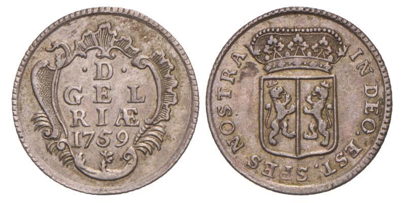 Duit afslag in zilver Gelderland 1759. Zeer Fraai +.