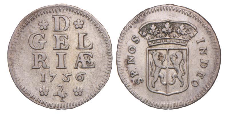½ duit afslag in zilver Gelderland 1756. Zeer Fraai.