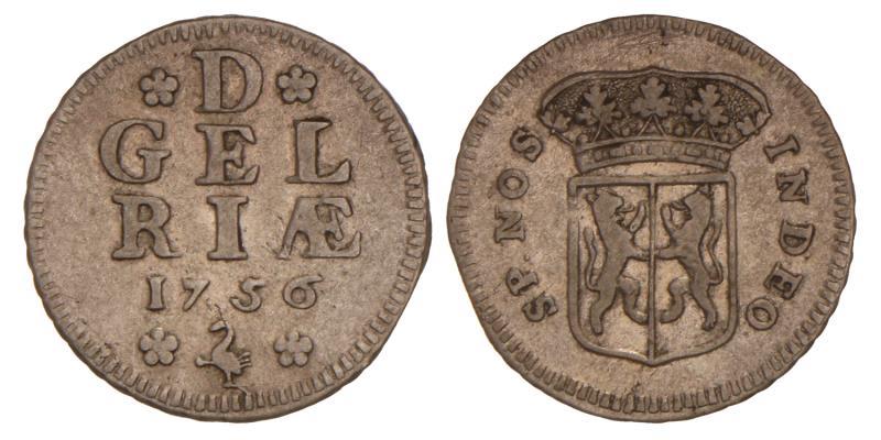 Halve duit Gelderland 1756. Zeer Fraai.