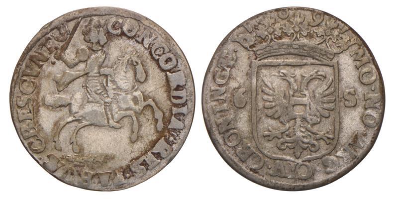 Rijderschelling van 6 stuiver Groningen 1691. Zeer Fraai.