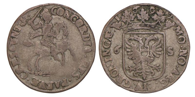 Rijderschelling van 6 stuiver Groningen 1692. Fraai / Zeer Fraai.