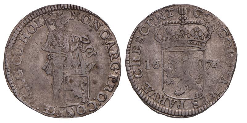 Zilveren dukaat Holland 1674. Fraai +.