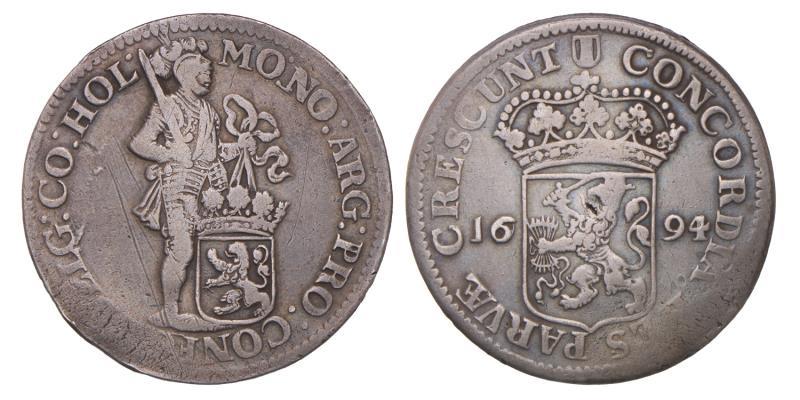 Zilveren dukaat Holland 1694 / 1994 (herstelde fout door stempelsnijder). Fraai / Zeer Fraai.