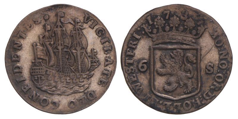 6 stuiver scheepjesschelling Holland 1737. Zeer Fraai / Prachtig.