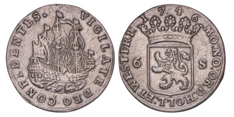 6 stuiver scheepjesschelling Holland 1746. Fraai / Zeer Fraai.