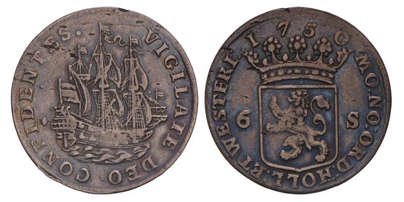 6 stuiver scheepjesschelling Holland 1750. Fraai / Zeer Fraai.