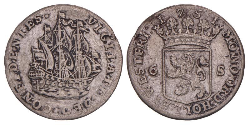 6 stuiver scheepjesschelling Holland 1751. Fraai +.