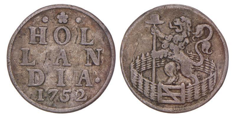 Duit afslag in zilver Holland 1752. Zeer Fraai.