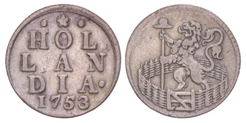 Duit afslag in zilver Holland 1753. Zeer Fraai.