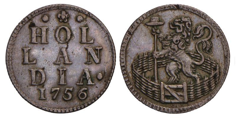 Duit afslag in zilver Holland 1756. Zeer Fraai +.