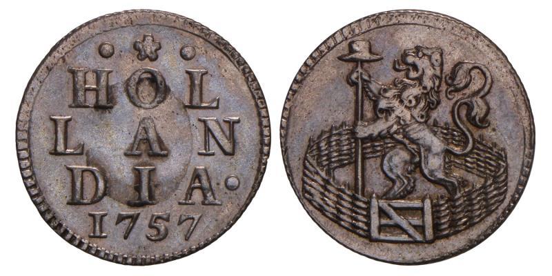 Duit afslag in zilver Holland 1757. Zeer Fraai.
