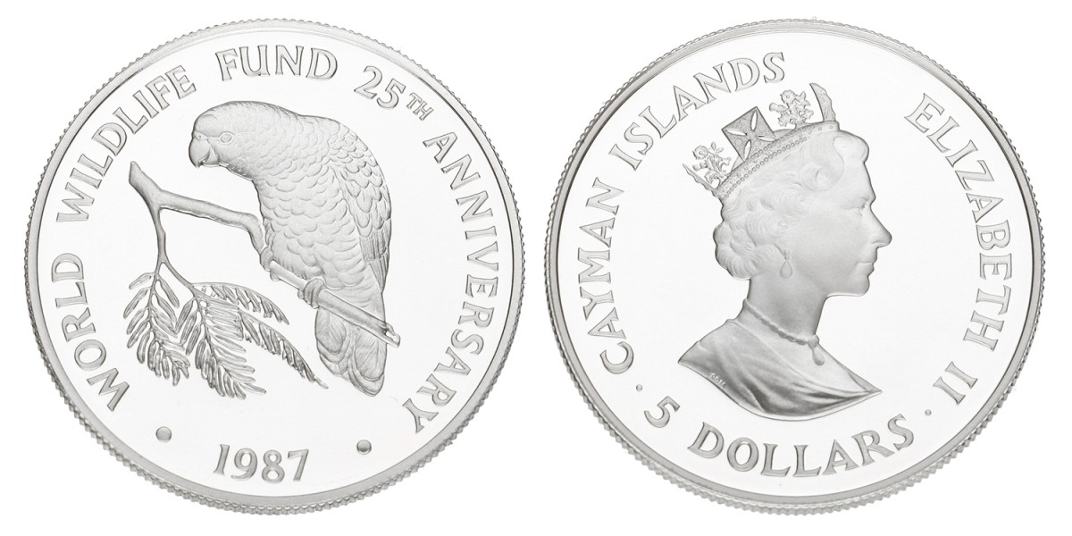 Cayman Islands. Elizabeth II. 5 Dollar 'WWF Collection'. 1987.