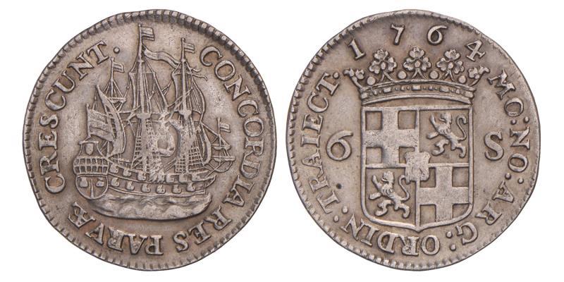 Scheepjesschelling van 6 stuiver Utrecht 1764. Zeer Fraai / Prachtig.