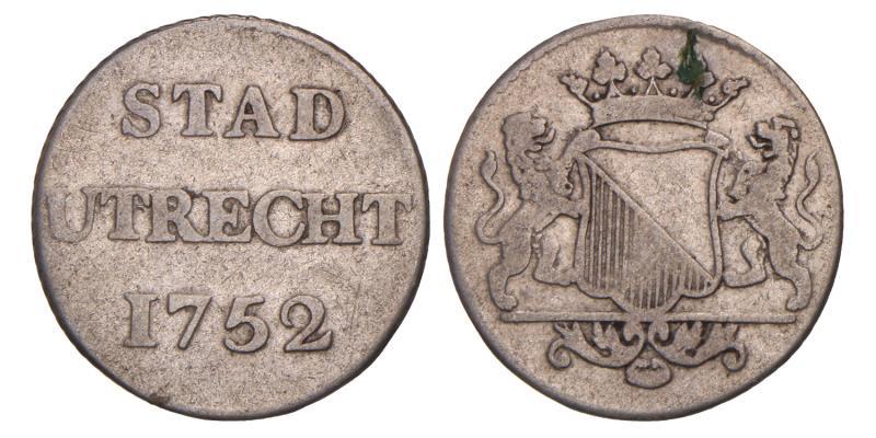 Duit afslag in zilver Utrecht Stad 1752. Fraai +.