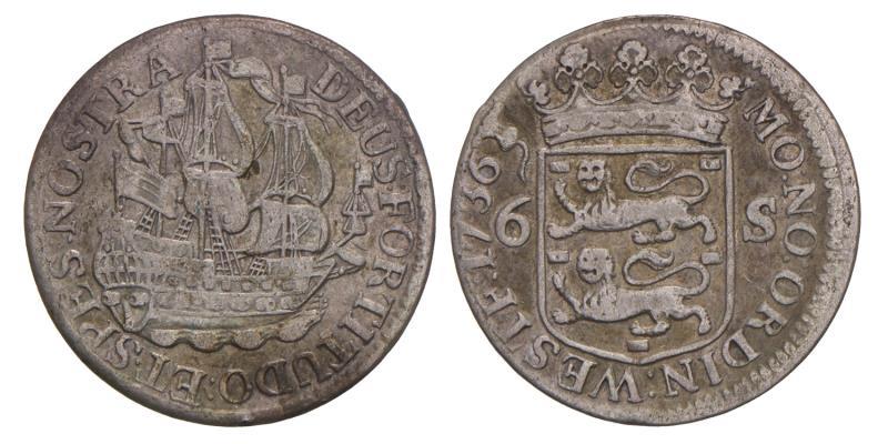 Scheepjesschelling van 6 stuiver West-Friesland 1736. Zeer Fraai.