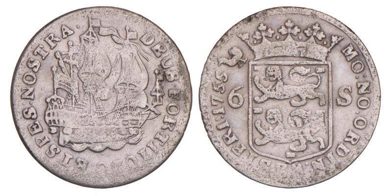 Scheepjesschelling van 6 stuiver West-Friesland 1755. Fraai / Zeer Fraai.