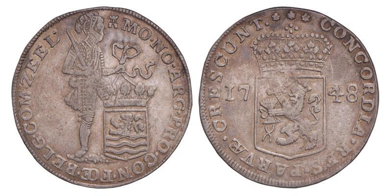 Zilveren dukaat Zeeland 1748. Zeer Fraai +.
