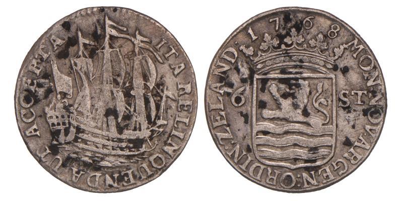 Scheepjesschelling van 6 stuiver Zeeland 1768. Zeer Fraai.