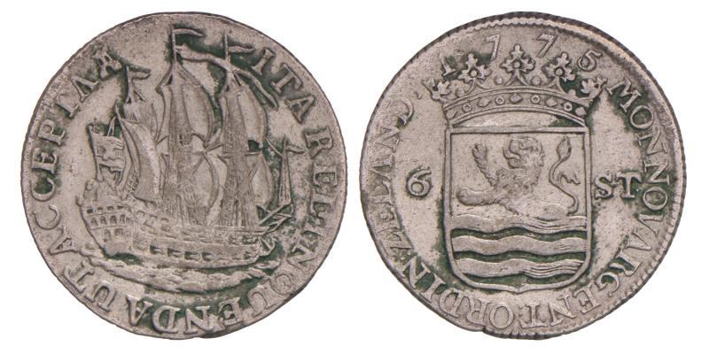 Scheepjesschelling van 6 stuiver Zeeland 1775. Zeer Fraai.