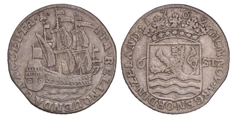 Scheepjesschelling van 6 stuiver Zeeland 1762. Zeer Fraai.