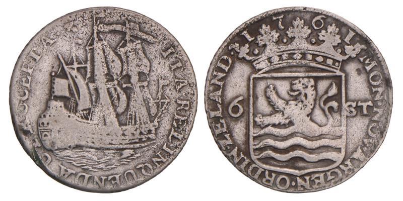 Scheepjesschelling van 6 stuiver Zeeland 1761. Fraai / Zeer Fraai.