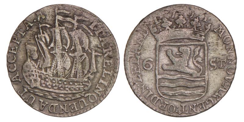 Scheepjesschelling van 6 stuiver Zeeland 1791. Zeer Fraai.