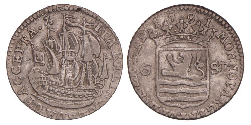 Scheepjesschelling van 6 stuiver Zeeland 1791. Zeer Fraai.
