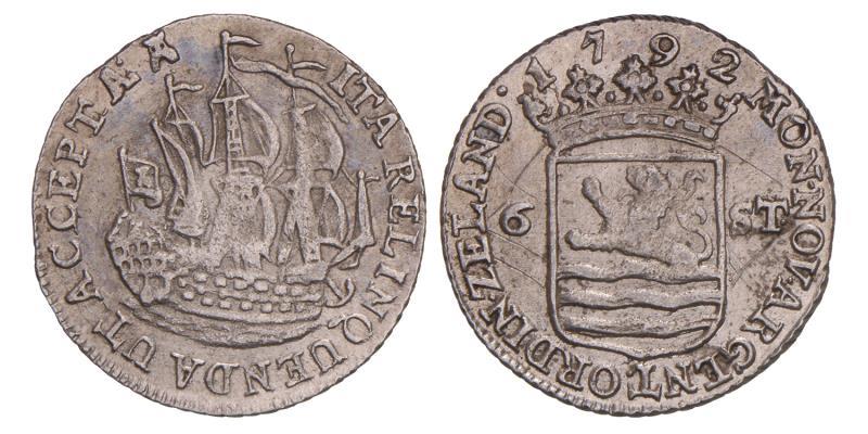Scheepjesschelling van 6 stuiver Zeeland 1792. Zeer Fraai.