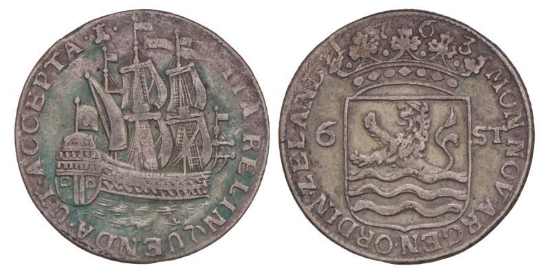 Scheepjesschelling van 6 stuiver Zeeland 1763. Zeer Fraai / Prachtig.