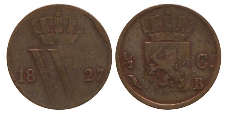 ½ cent Willem I 1827 B. Zeer Fraai -.