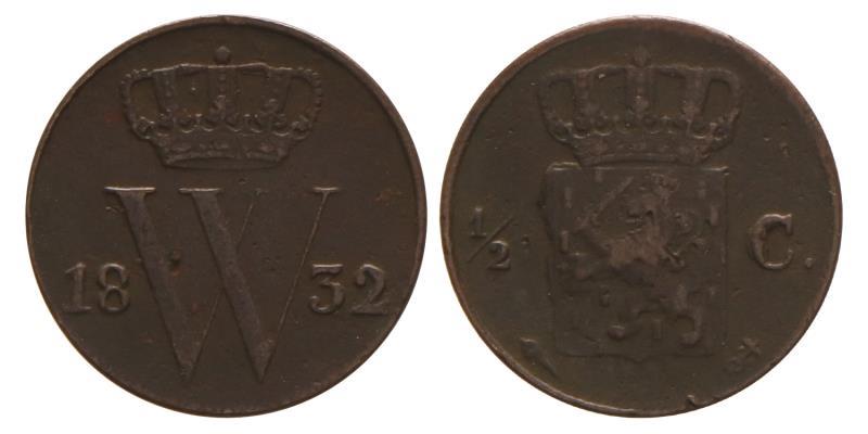 ½ cent Willem I 1832 U. Zeer Fraai +.