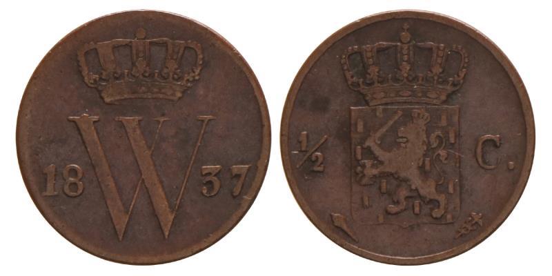 ½ cent Willem I 1837. Zeer Fraai.