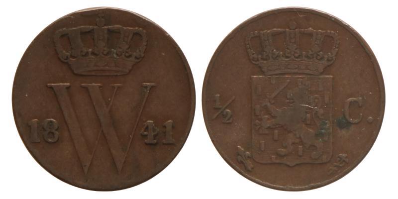 ½ cent Willem II 1841. Zeer Fraai +.