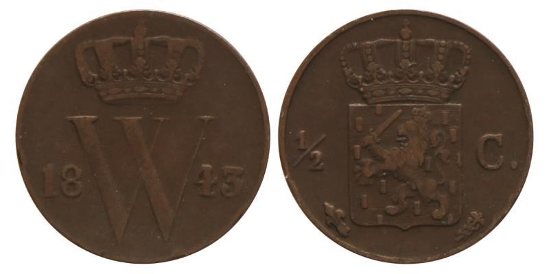 ½ cent Willem II 1843. Zeer Fraai / Prachtig.