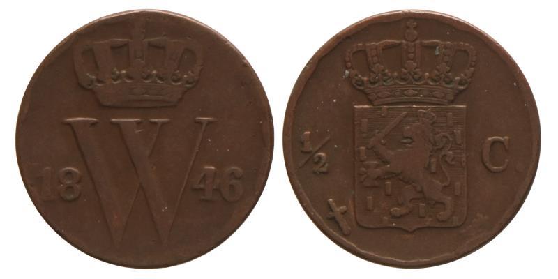 ½ cent Willem II 1846. Zeer Fraai.