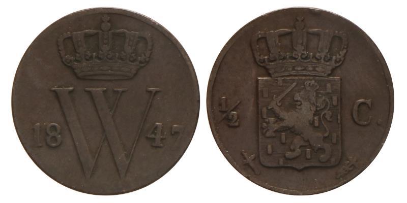 ½ cent Willem II 1847. Zeer Fraai.