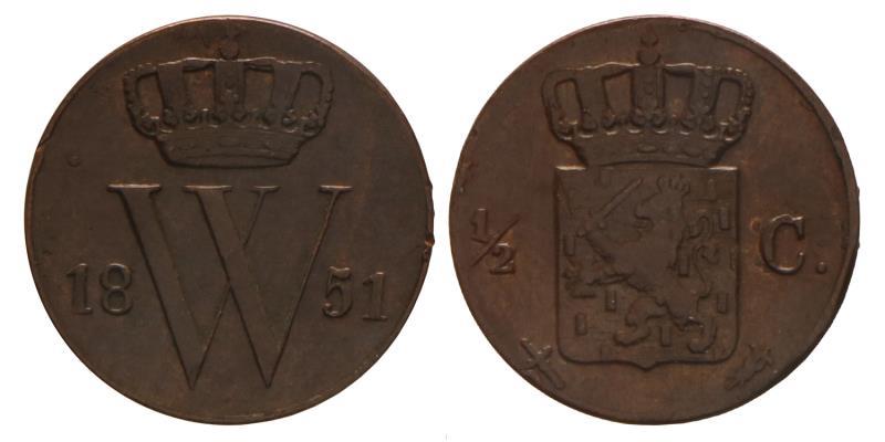 ½ cent Willem III 1851. Prachtig.