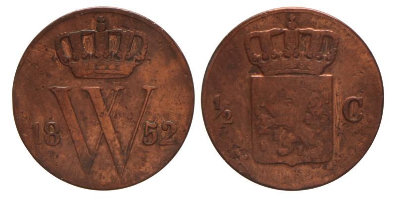 ½ cent Willem III 1852. Fraai +.