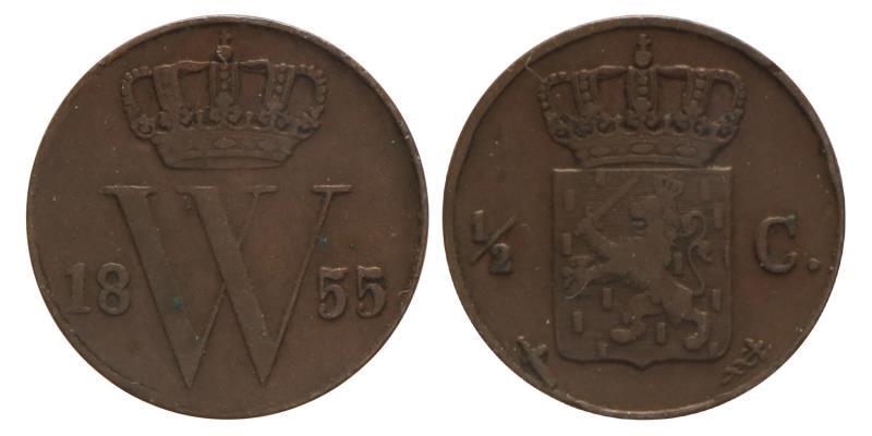 ½ cent Willem III 1855. Zeer Fraai +.