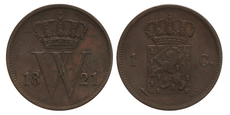 1 cent Willem I 1821 U. Zeer Fraai +.