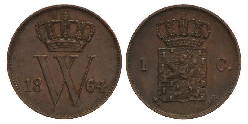 1 cent Willem III 1864. Prachtig -.